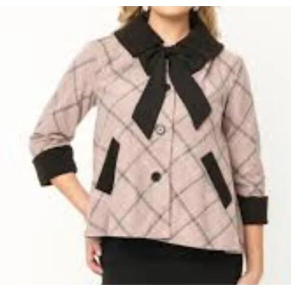 UNIQUE VINTAGE XS pink plaid collar 3/4 sleeve retro pinup coat jacket NWT B115 - Picture 1 of 5